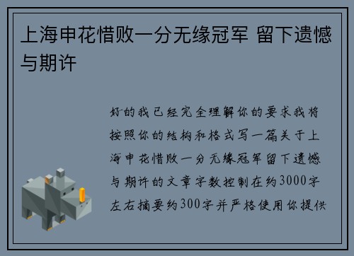 上海申花惜败一分无缘冠军 留下遗憾与期许