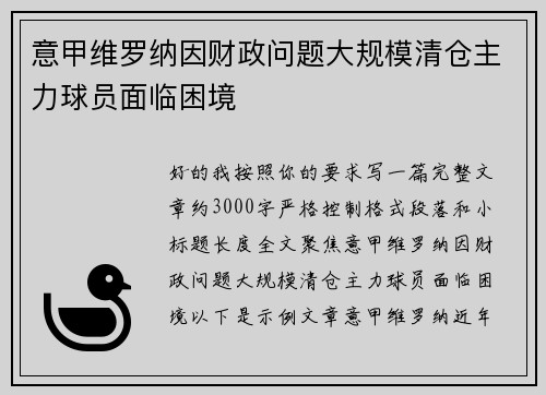 意甲维罗纳因财政问题大规模清仓主力球员面临困境